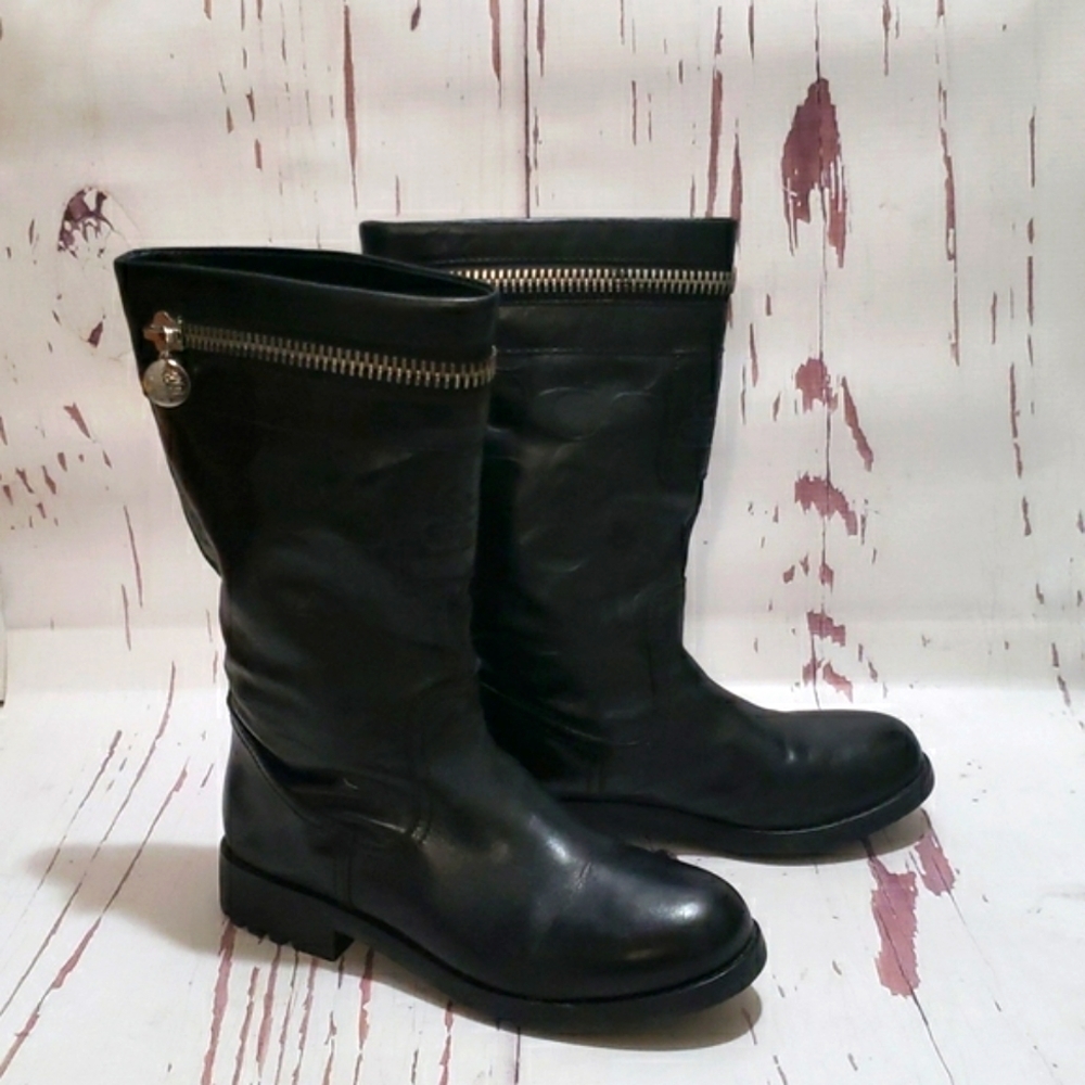 Coach Vinni Black Leather Midcalf Signature Logo Boots Women's Size 5.5